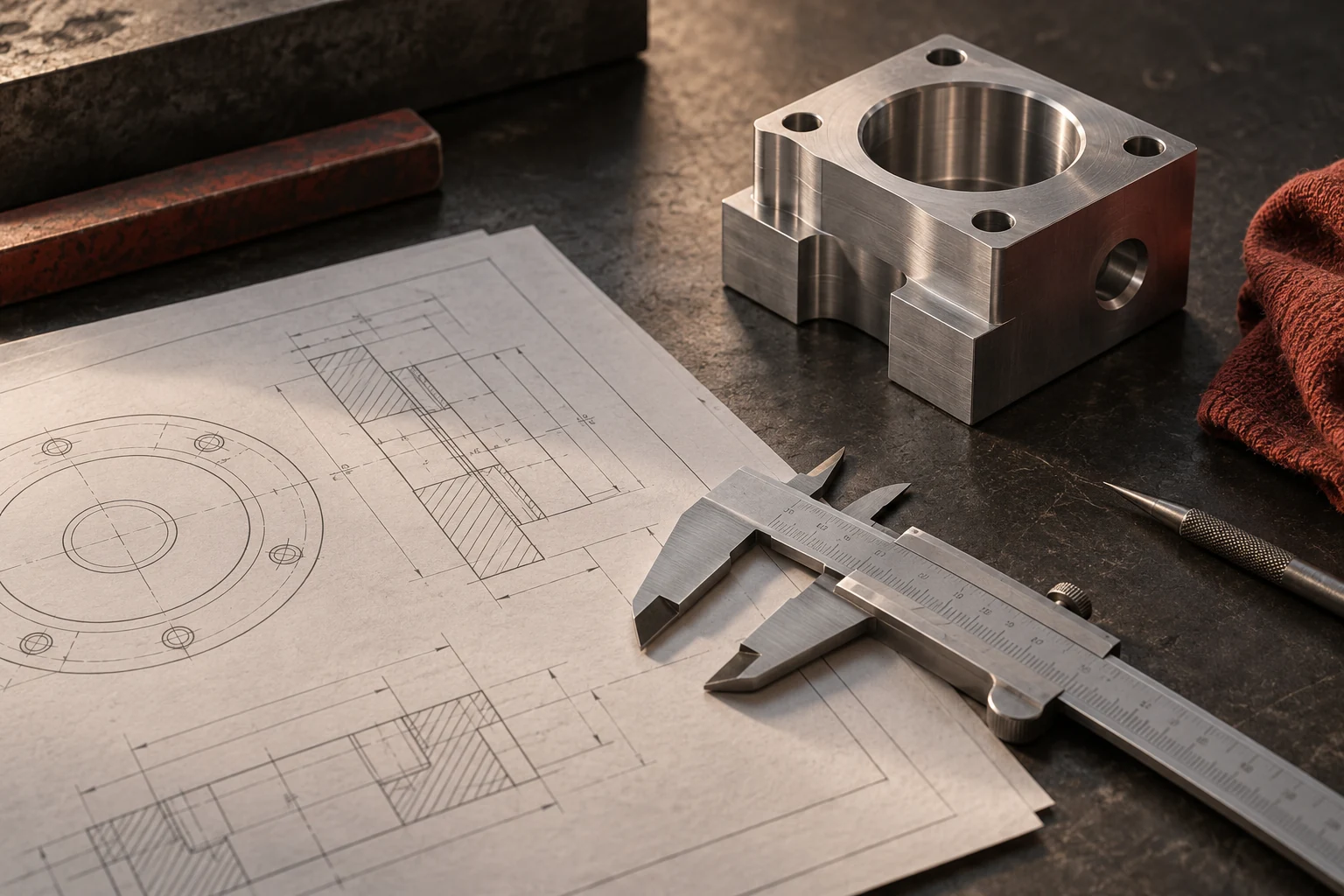 Illustrative still life of engineering papers, a precision metal sample, and measuring tools